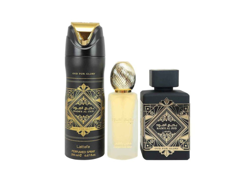 LATTAFA BADEE AL OUD FOR GLORY 3 PCS GIFT SET WITH 100ML EDP + 200ML DEO + 50ML HAIRMIST